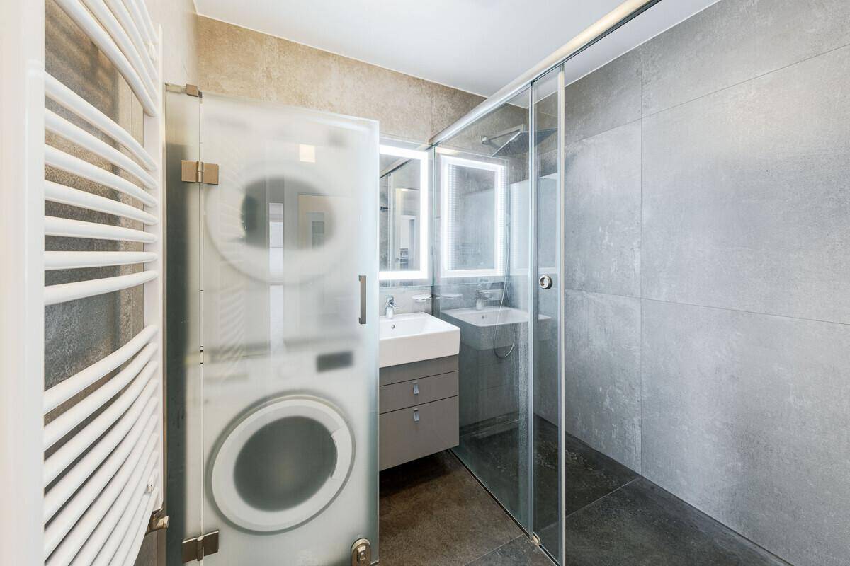 Funktionales Badezimmer mit Dusche, Waschbecken und integriertem Waschmaschinenbereich hinter Glas.