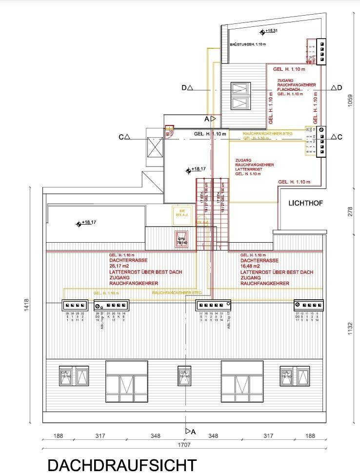 Dachdraufsicht des Gebäudes mit Darstellung der Dachterrassen und der Gesamtstruktur.