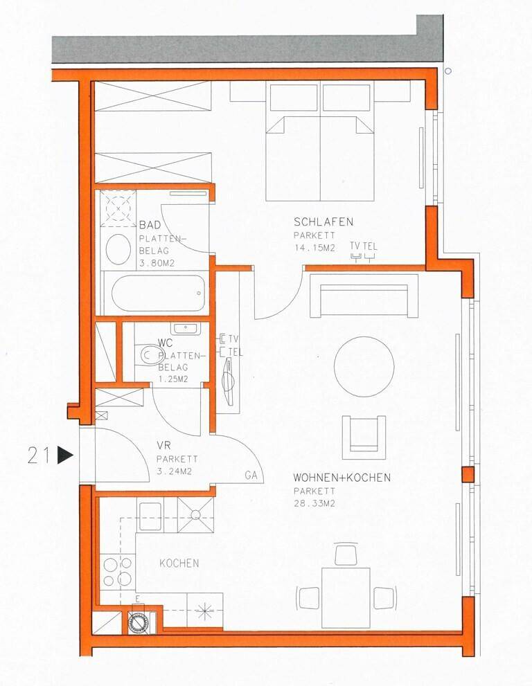 Detaillierter Grundriss einer Wohnung mit offenem Wohn-Kochbereich, Schlafzimmer und separatem Bad.