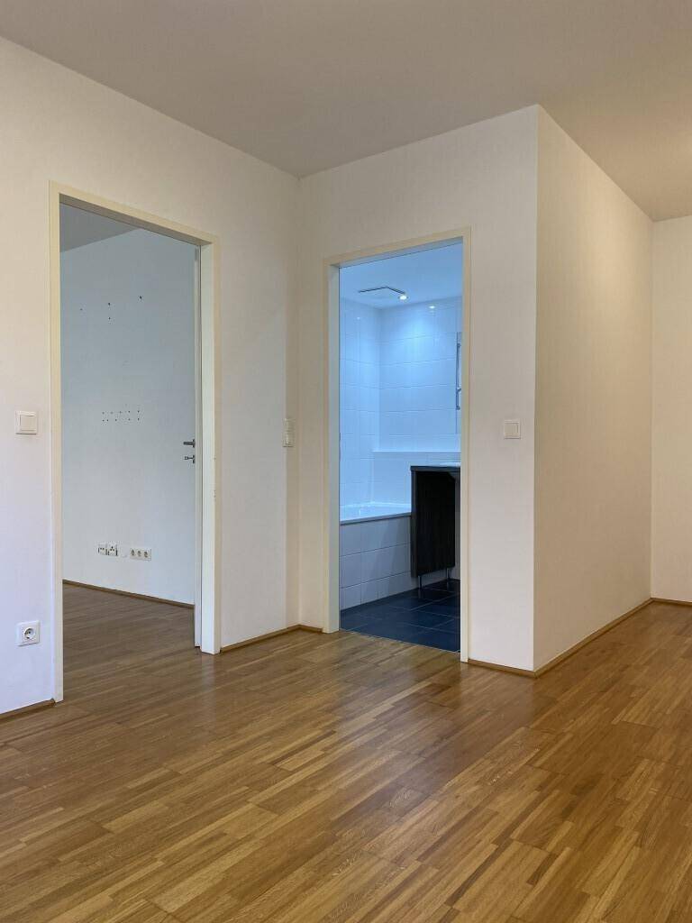 Heller Flurbereich mit Parkettboden, der zu weiteren Zimmern und dem Badezimmer führt.