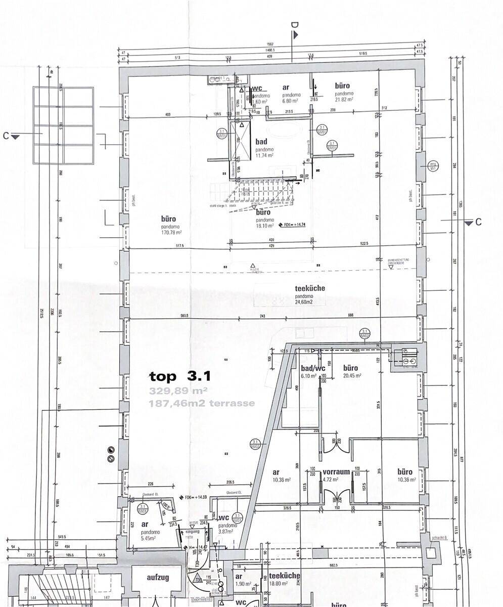 Grundriss der Einheit Top 3.1 mit 338,89 m² und einer 187,46 m² großen Terrasse.