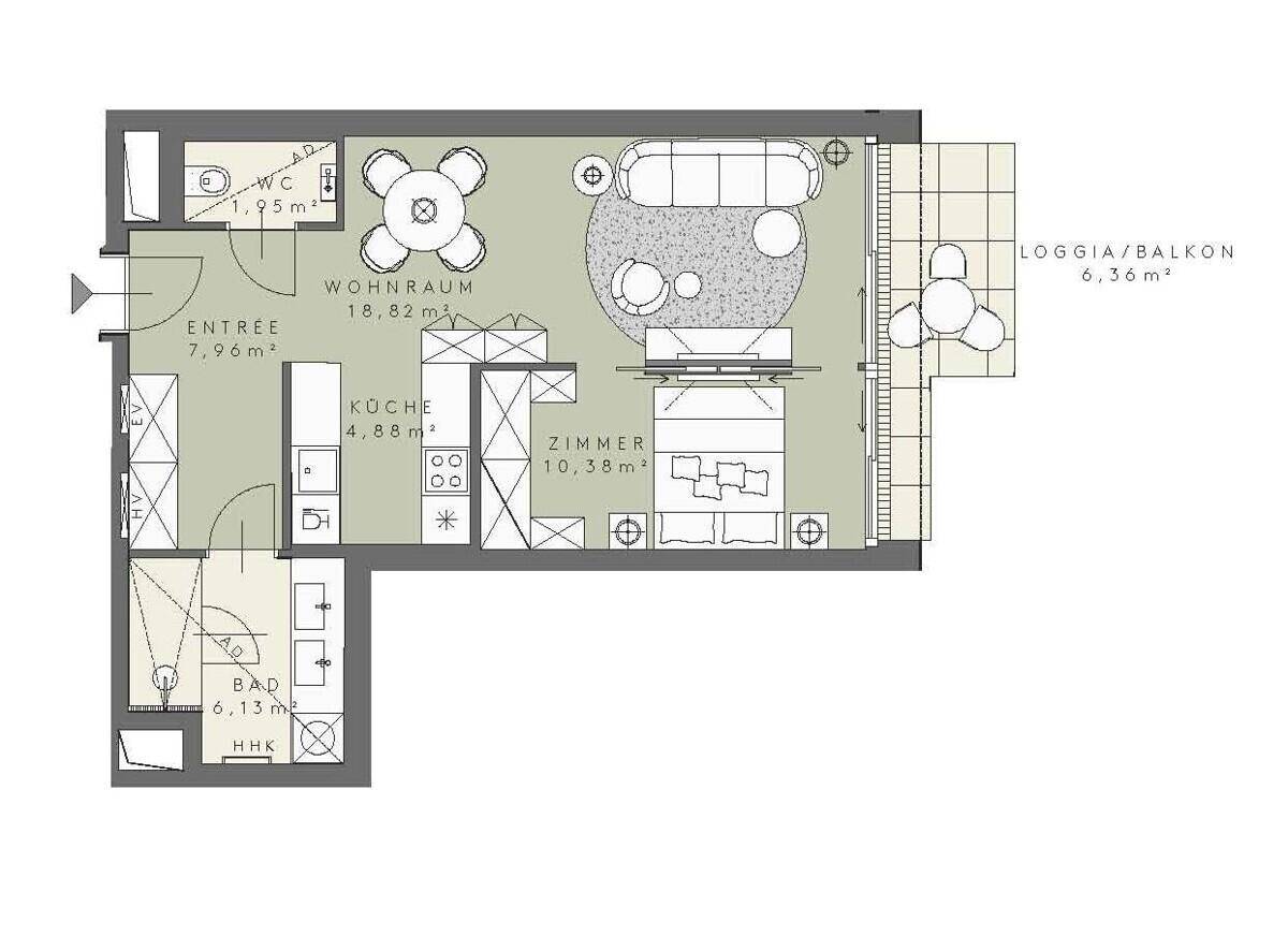 Grundriss einer Wohnung mit offenem Wohnbereich, separatem Schlafzimmer und Loggia/Balkon.