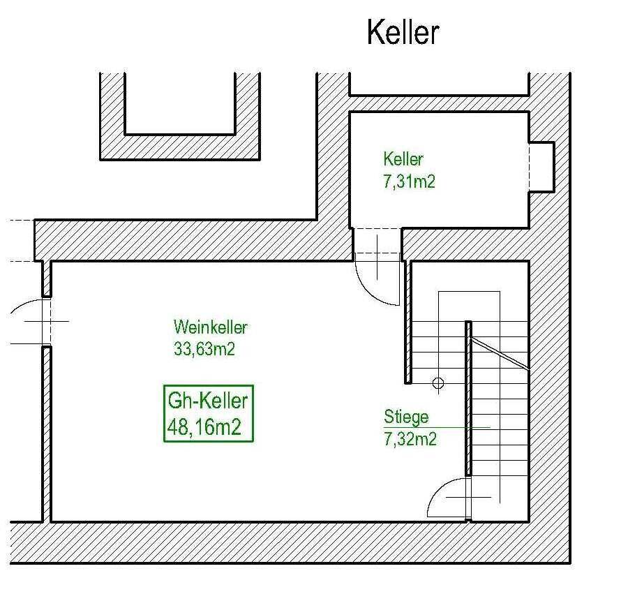 Grundriss des Kellergeschosses mit Weinkeller und Treppenaufgang, inklusive Flächenangaben.