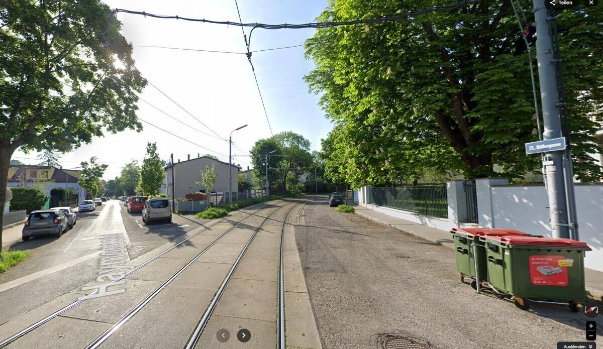 Lange, gerade Straße mit Straßenbahnschienen, parkenden Autos und Gebäuden in der Ferne.