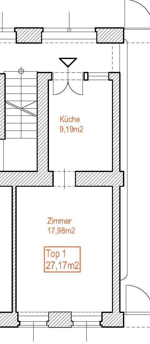 Grundriss zeigt eine Küche und ein Zimmer mit Flächenangaben in Quadratmetern.