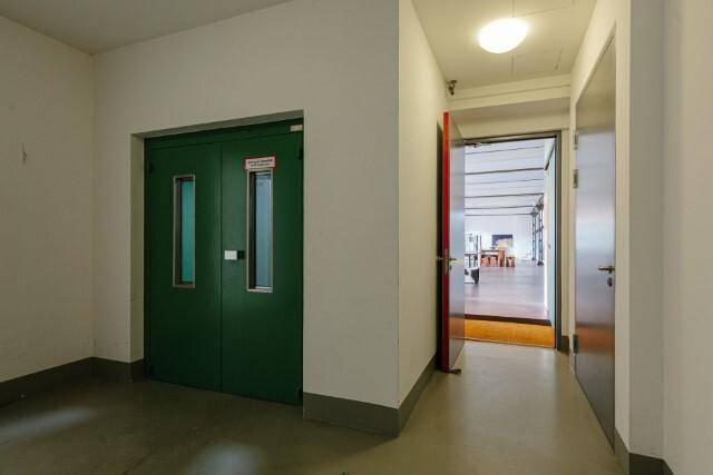 Heller Flur mit grünen Doppeltüren und Zugang zu den Wohnbereichen.