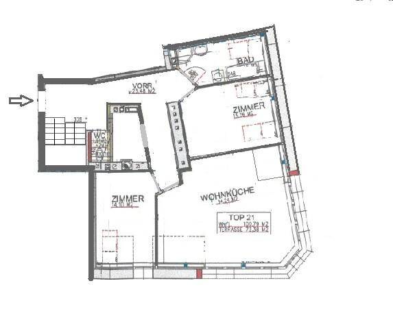 Grundriss der Wohnung mit Wohnküche, zwei Zimmern, Bad und Terrasse.