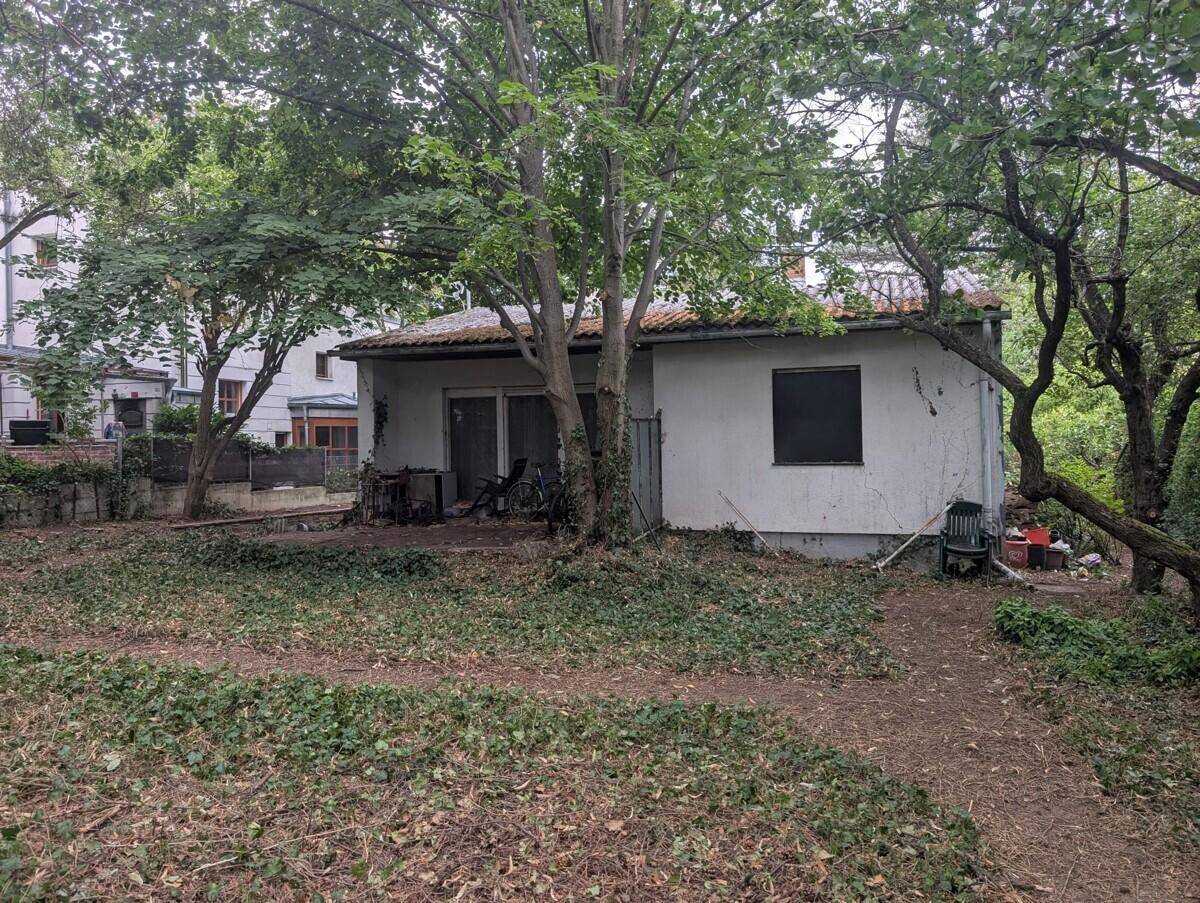 Rückansicht des Hauses mit einer kleinen, ungepflegten Terrasse und einem großen Garten.