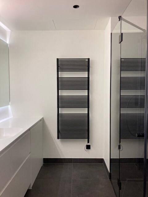 Modernes Badezimmer mit begehbarer Dusche und schwarzem Handtuchheizkörper, minimalistisches Design.