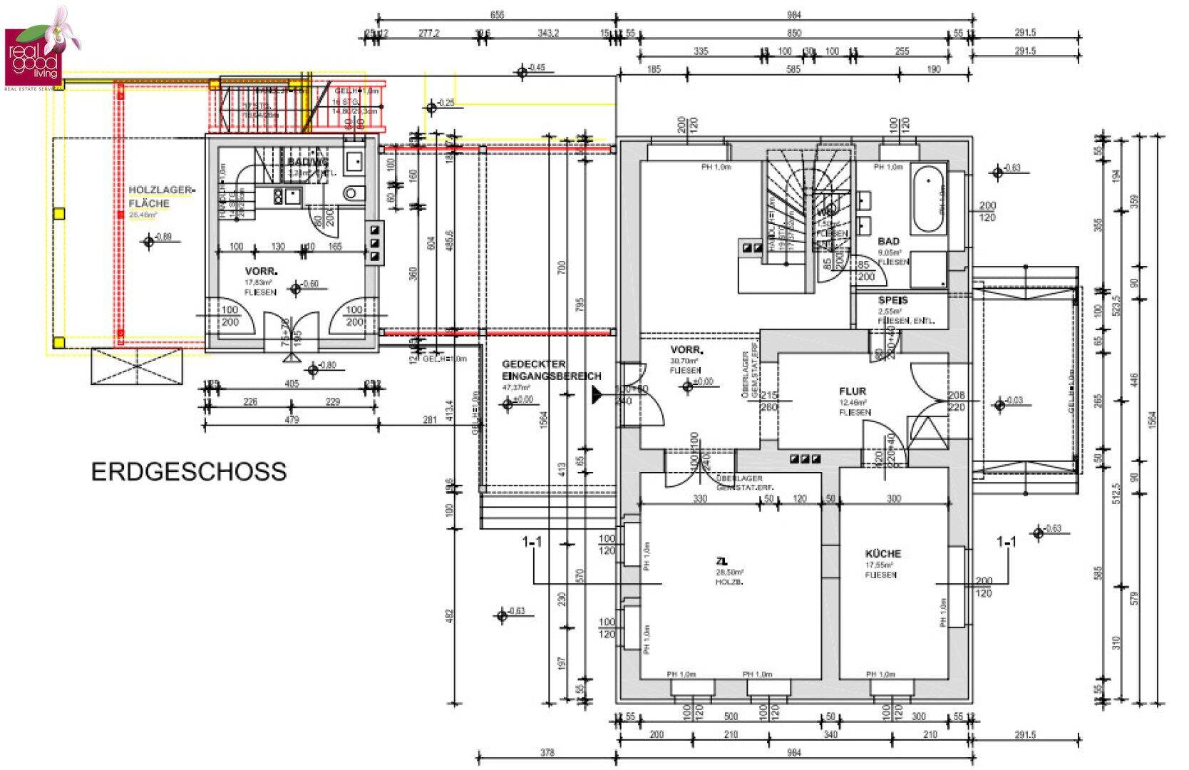 Grundriss des Erdgeschosses mit Küche, Wohnbereich, Bad und überdachtem Eingangsbereich.