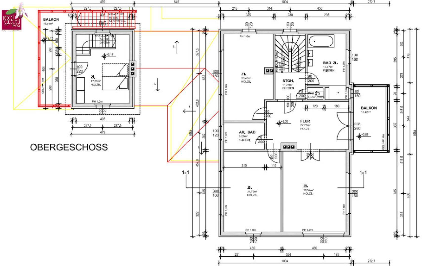 Grundriss des Obergeschosses mit Schlafzimmern, Bad, Balkon und Treppenaufgang.