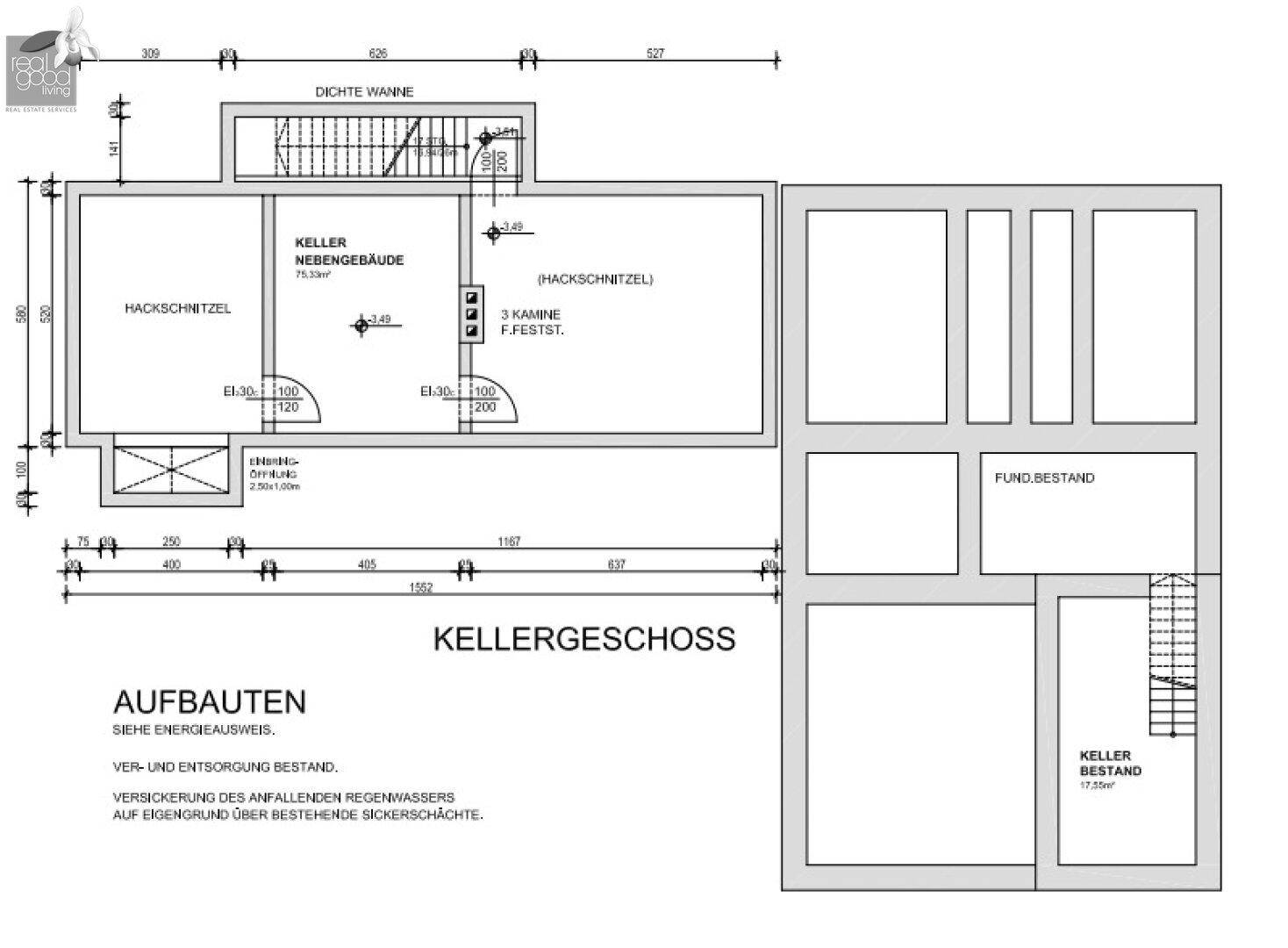 Grundriss des Kellergeschosses mit Lagerräumen, Heizungsbereich und Treppenzugang.