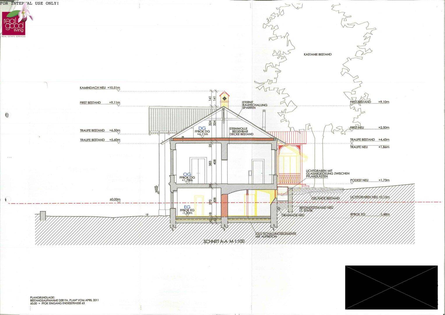 Architektonischer Schnittplan des Gebäudes, der die Höhen und die Struktur über mehrere Ebenen darstellt.