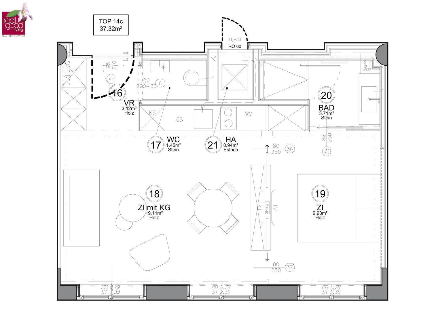 Grundriss der Wohnung TOP 14c mit 37,32m² Wohnfläche und separatem WC.