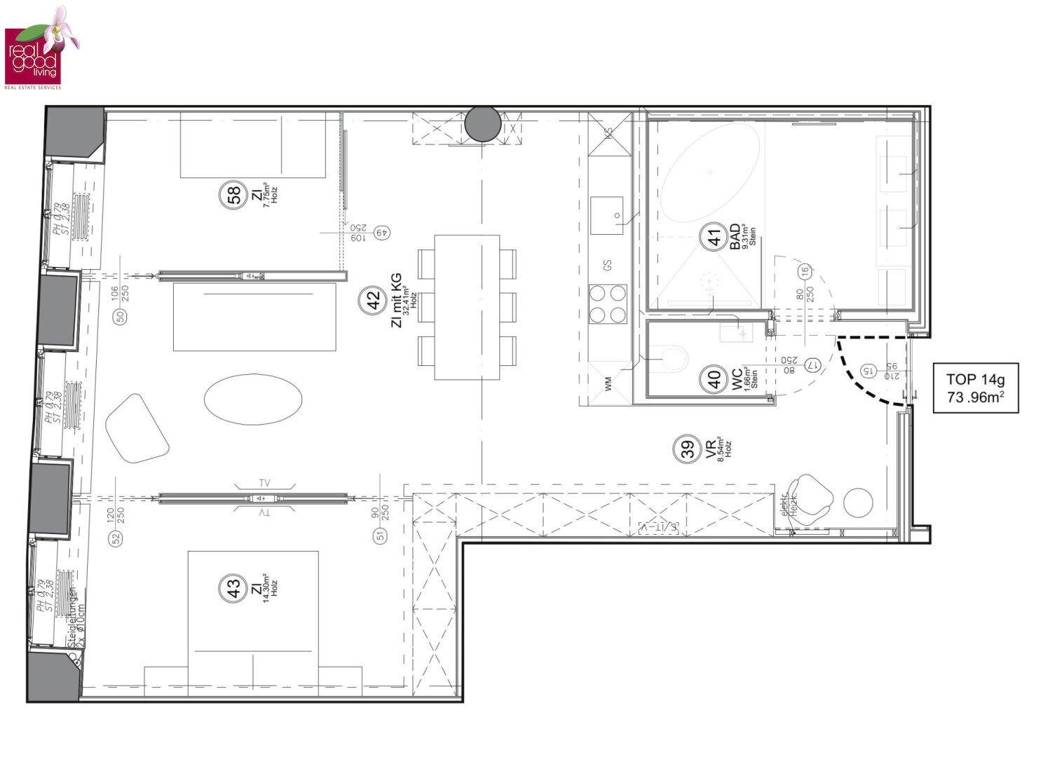 Grundriss einer Wohnung mit offenem Wohnbereich, zwei Schlafzimmern und Balkonzugang.