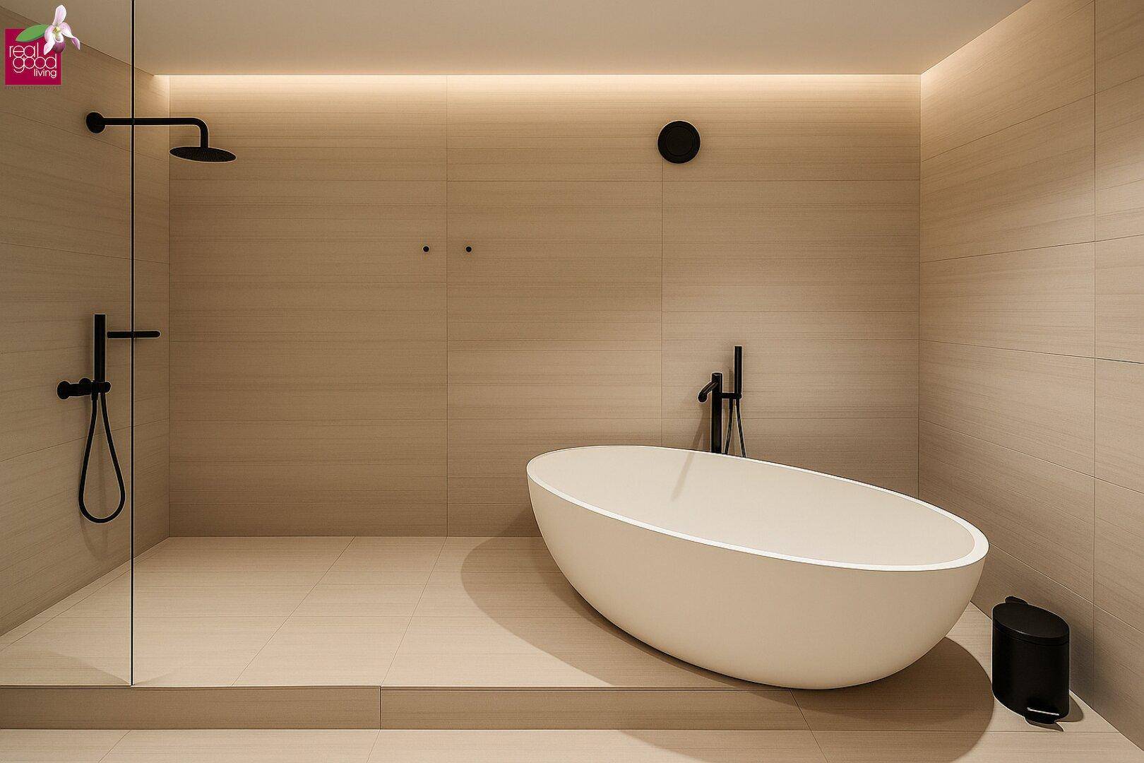 Elegantes Badezimmer mit freistehender Badewanne und begehbarer Dusche in hellen Farbtönen.