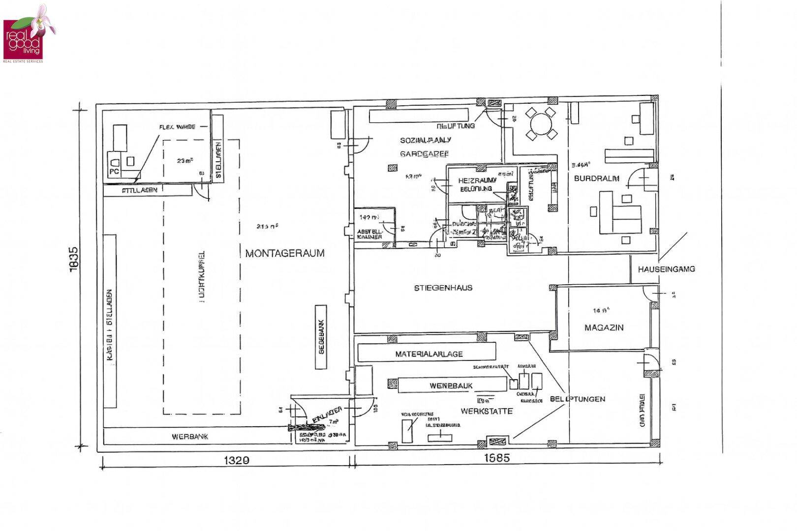 Detaillierter Grundriss mit verschiedenen Räumen wie Montagesaal, Magazin und Büroflächen.