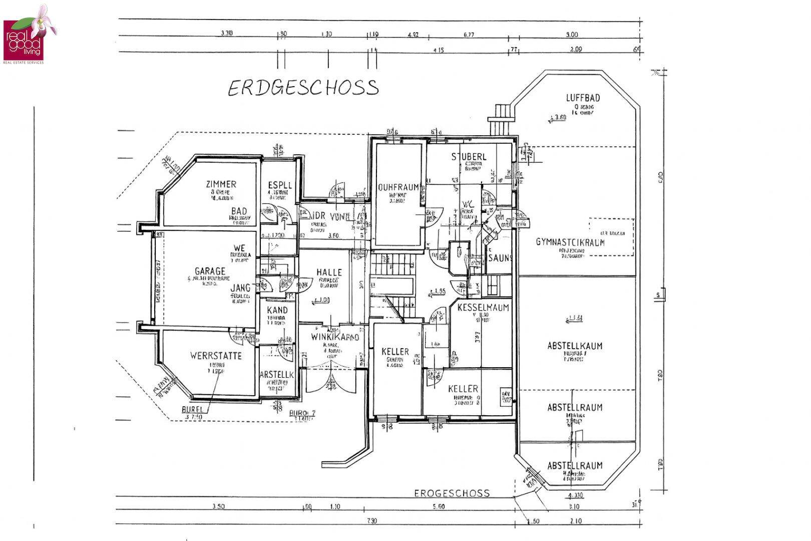 Grundriss des Erdgeschosses mit Garage, Werkstatt, Sauna und Fitnessraum.