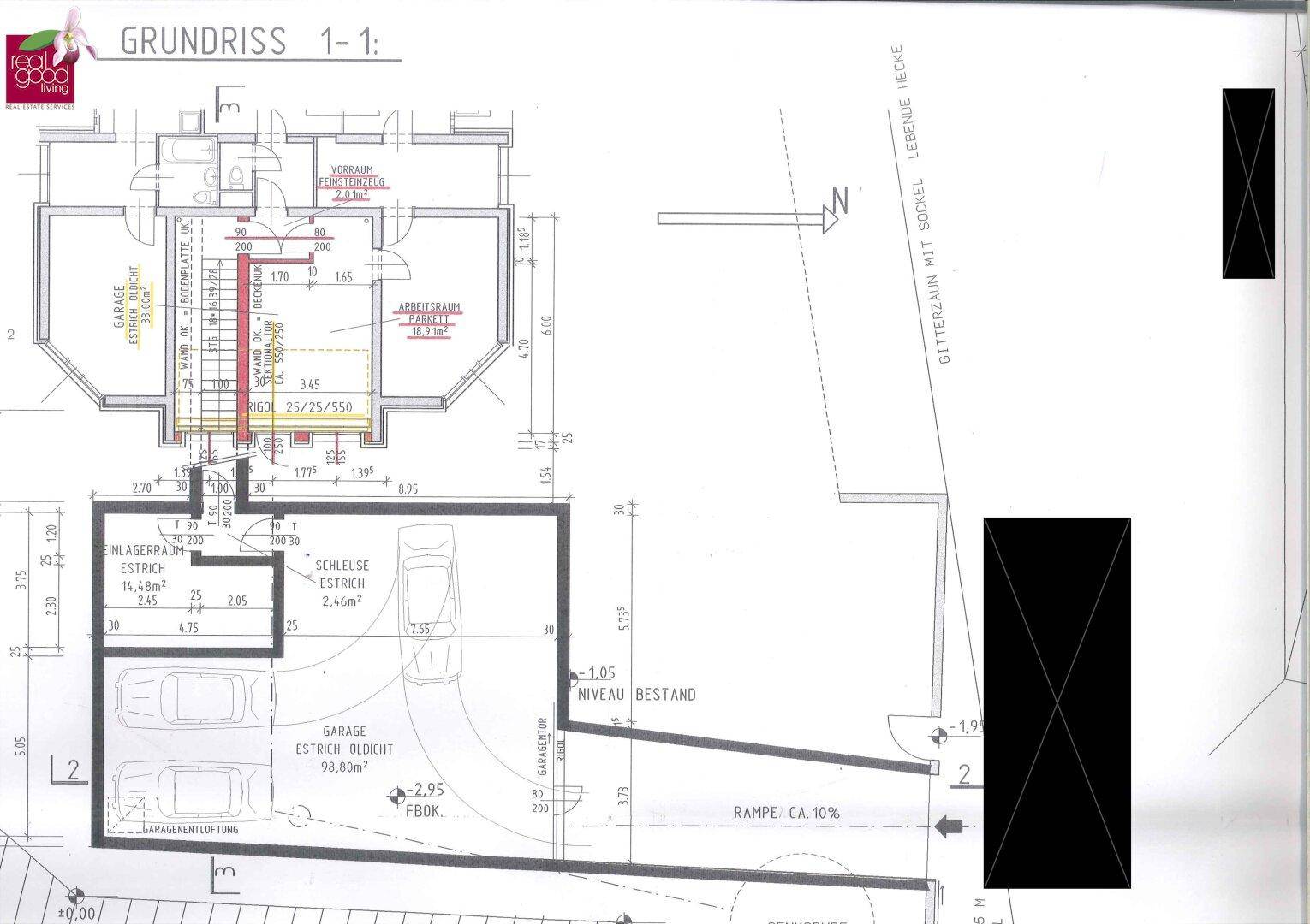 Detailansicht des Grundrisses mit Tiefgarage, Zufahrtsrampe und Abstellräumen.