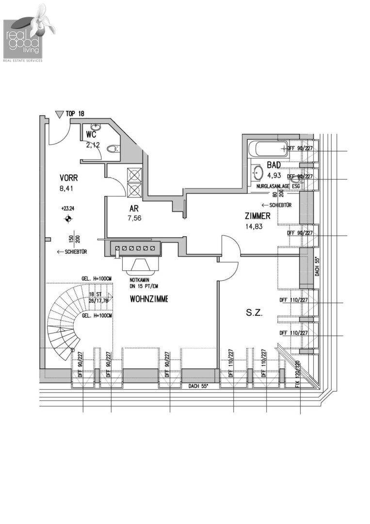 Grundrissplan einer Etage mit Wohnzimmer, Schlafzimmer, Bad, WC und Wendeltreppe.