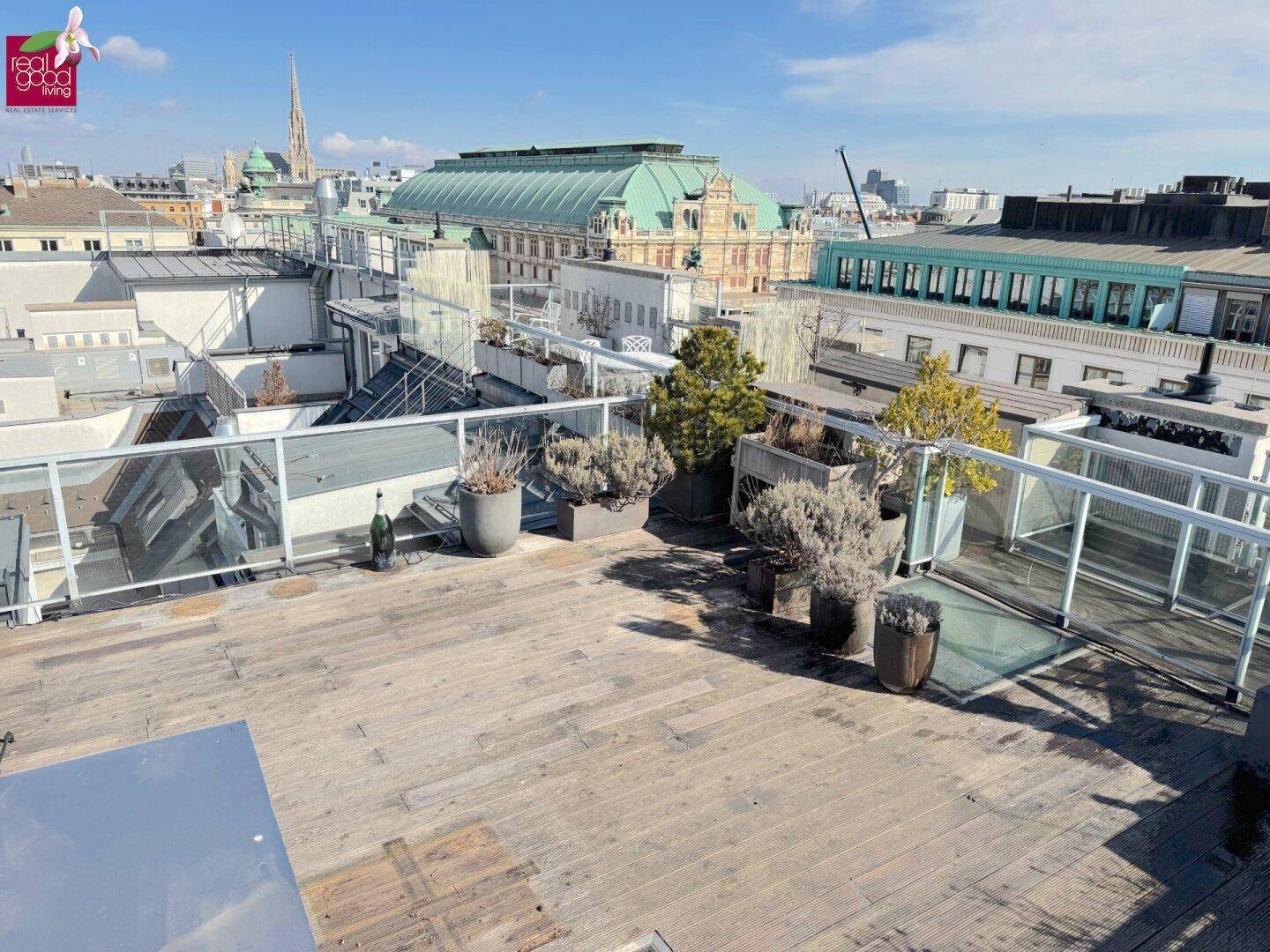 Weitläufige Dachterrasse mit Holzdeck, Pflanzenkübeln und Panoramablick über die Stadt.