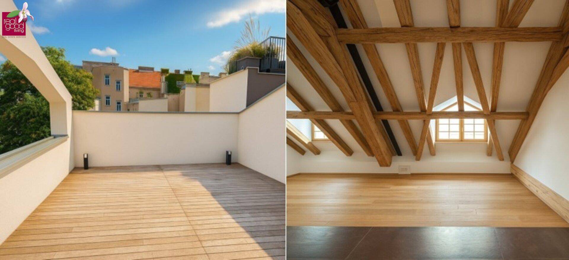 Collage aus einem hellen Dachbodenraum mit Holzbalken und einer sonnigen Dachterrasse.