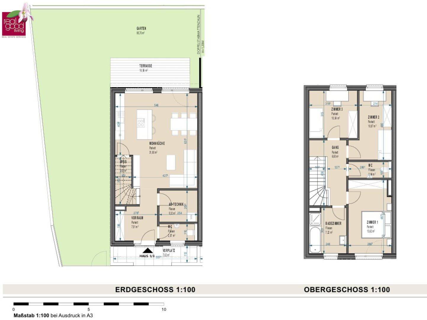 Grundriss eines zweistöckigen Hauses mit offener Wohnküche, Terrasse und Garten im Erdgeschoss.