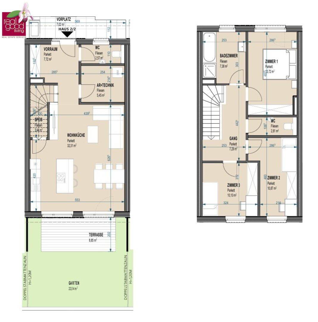 Detaillierter Grundriss eines Hauses mit Wohnküche, drei Zimmern, Bad und Terrasse.
