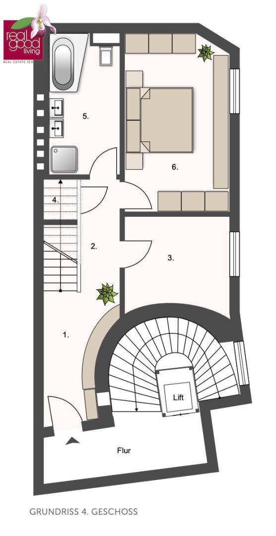 Grundriss des 4. Geschosses mit Schlafzimmer, Bad und Treppenhaus.