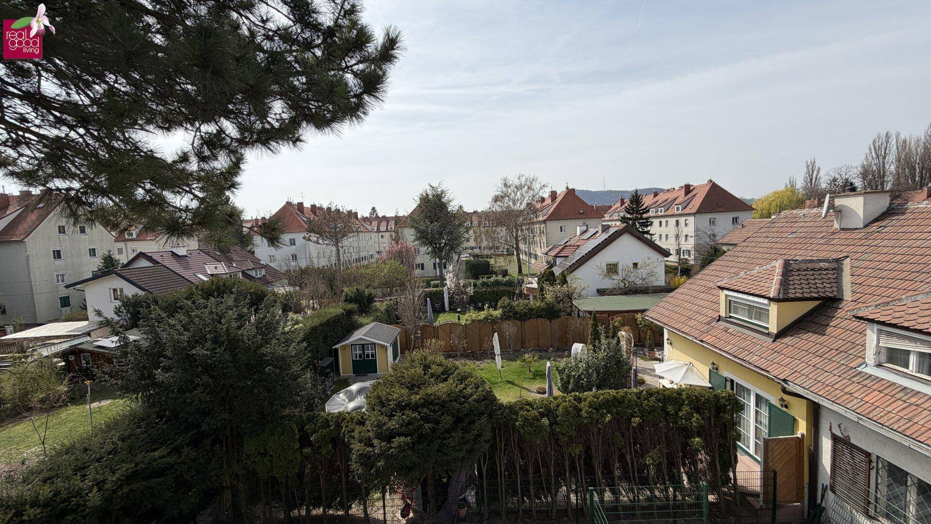 Weitläufiger Blick über eine ruhige Wohngegend mit vielen Gärten und Häusern.