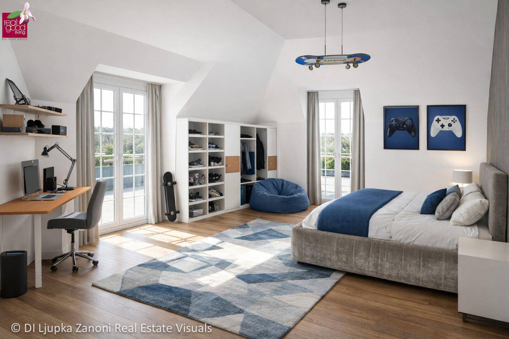 Helles Kinder- oder Gästezimmer mit Schreibtisch, Einbauschrank und modernem Design.