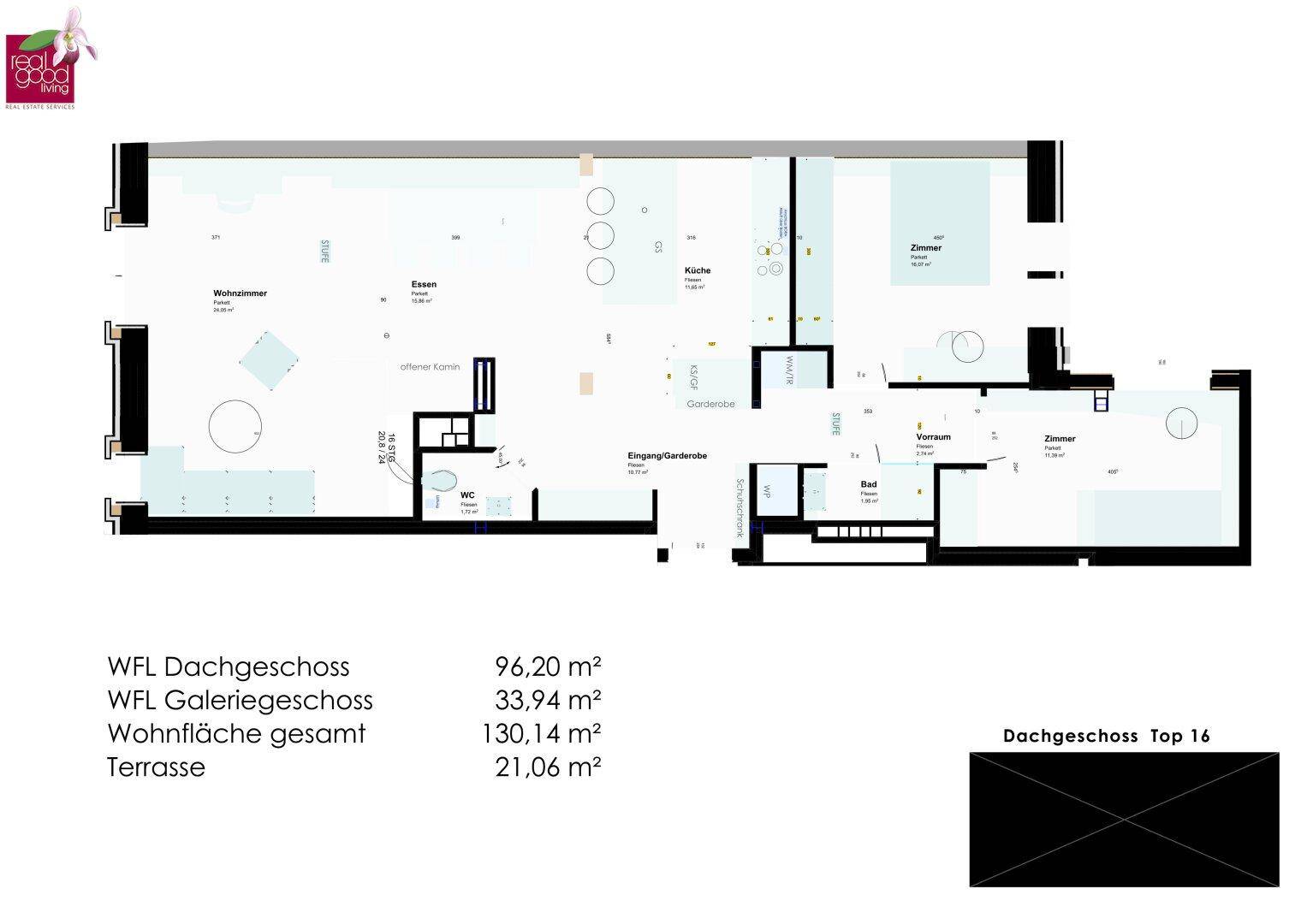 Grundriss des Dachgeschosses mit Wohnzimmer, Essbereich und Zimmern.
