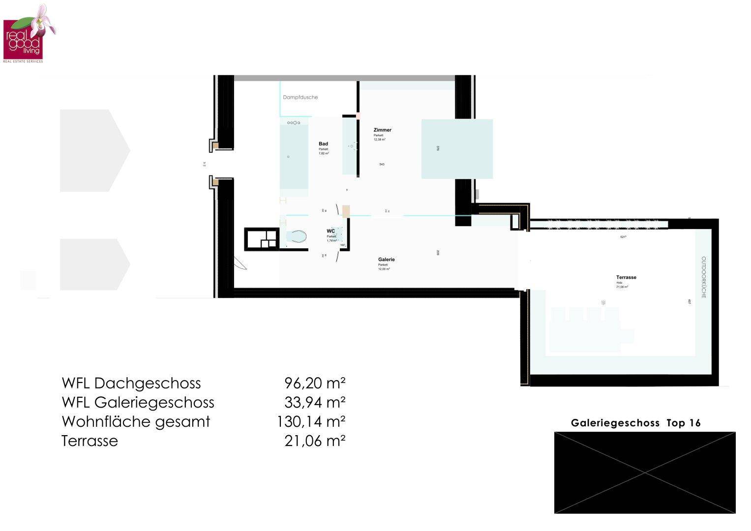 Grundriss des Galeriegeschosses mit Bad, Zimmer und großer Terrasse.