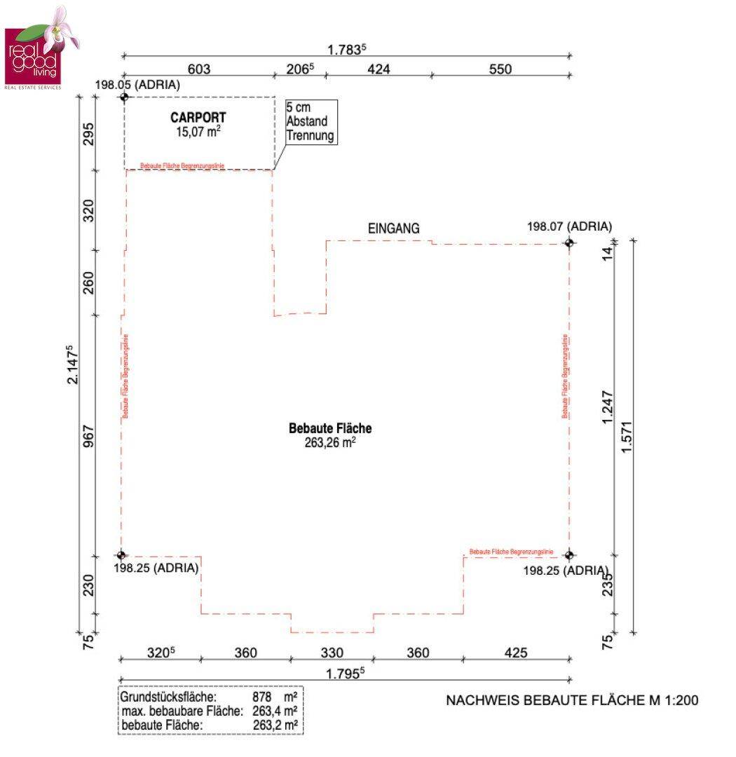 Lageplan mit der bebauten Fläche und den Abmessungen des Carports.