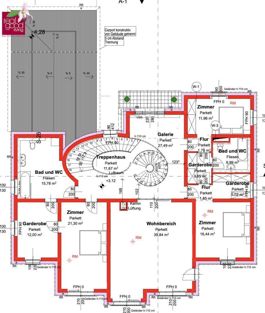 Grundriss des Obergeschosses mit Schlafzimmern, Galerie, Bädern und Garderobenbereichen.