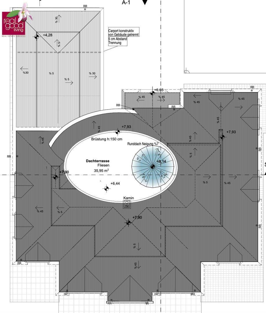 Dachaufsicht mit großer Dachterrasse und der Struktur des Satteldachs.