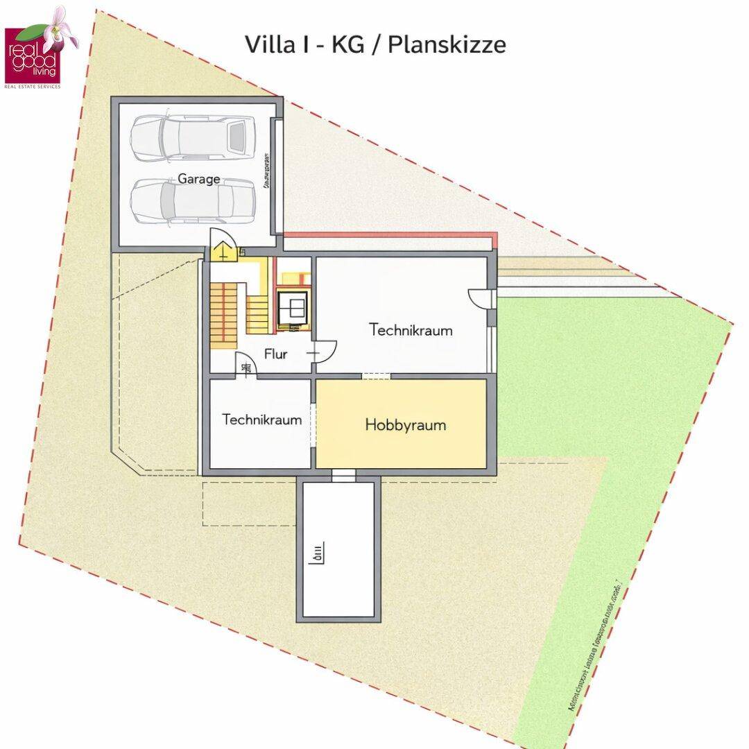Grundriss des Kellergeschosses mit Garage, Technikraum und Hobbyraum.