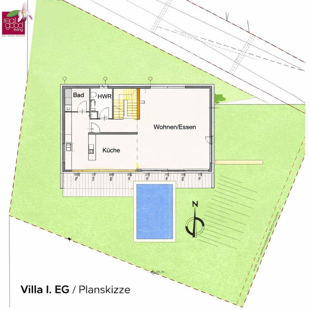 Grundriss des Erdgeschosses mit offener Küche, Wohn-Essbereich und Pool.