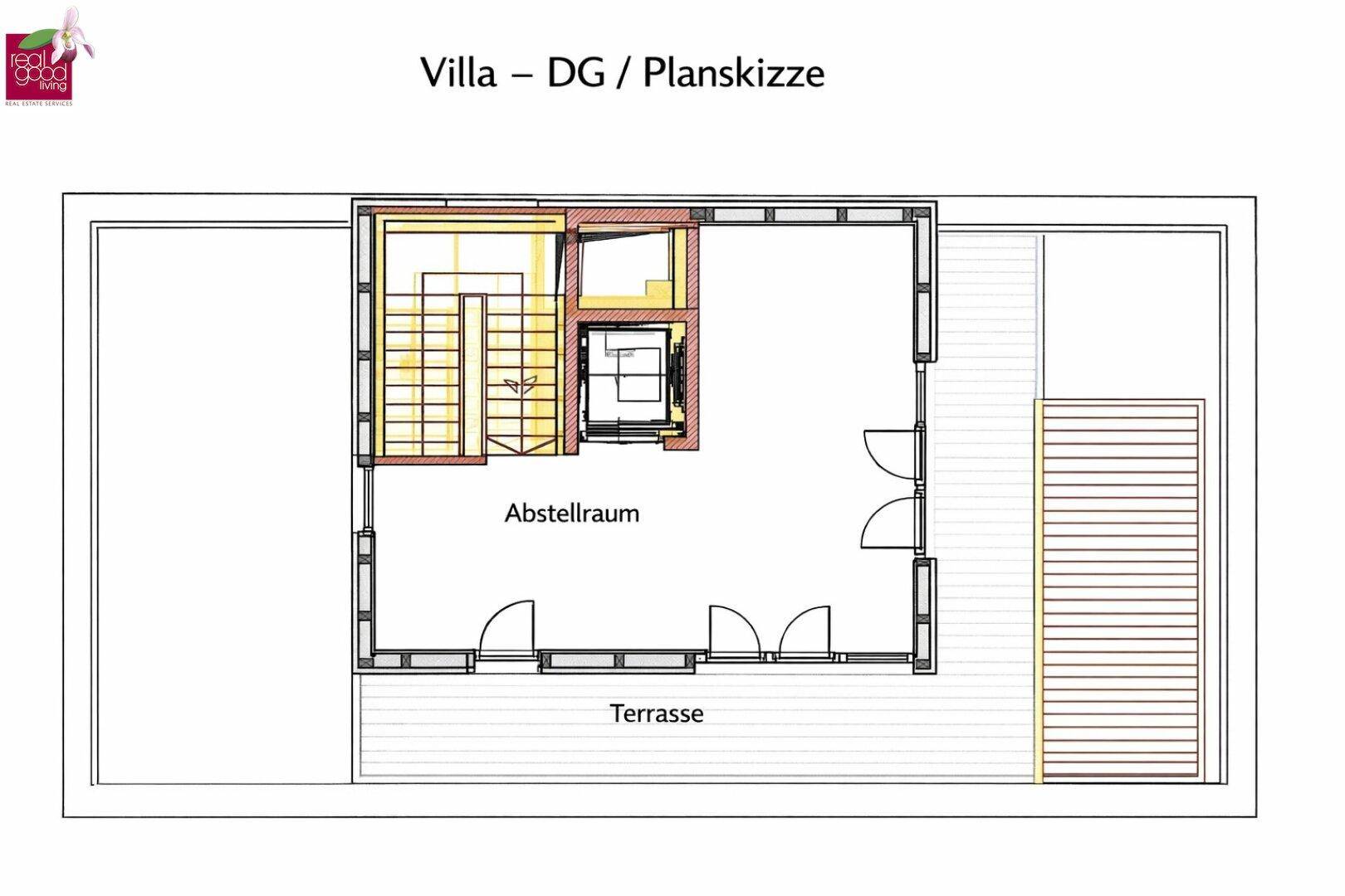 Grundriss des Dachgeschosses mit Abstellraum und großer Dachterrasse.