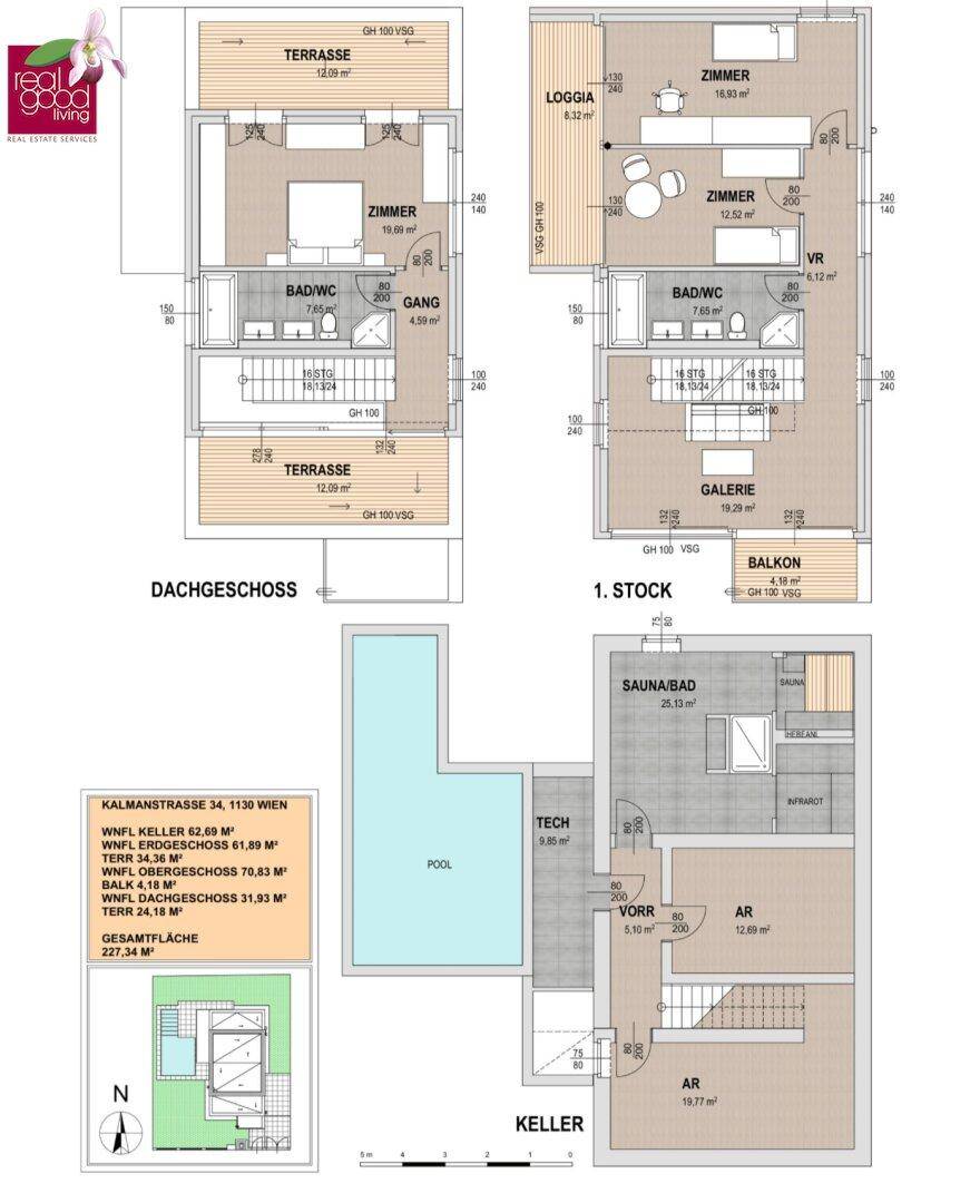 Grundrisse des Dachgeschosses, ersten Stocks und Kellers mit Zimmern, Bädern und Loggia.