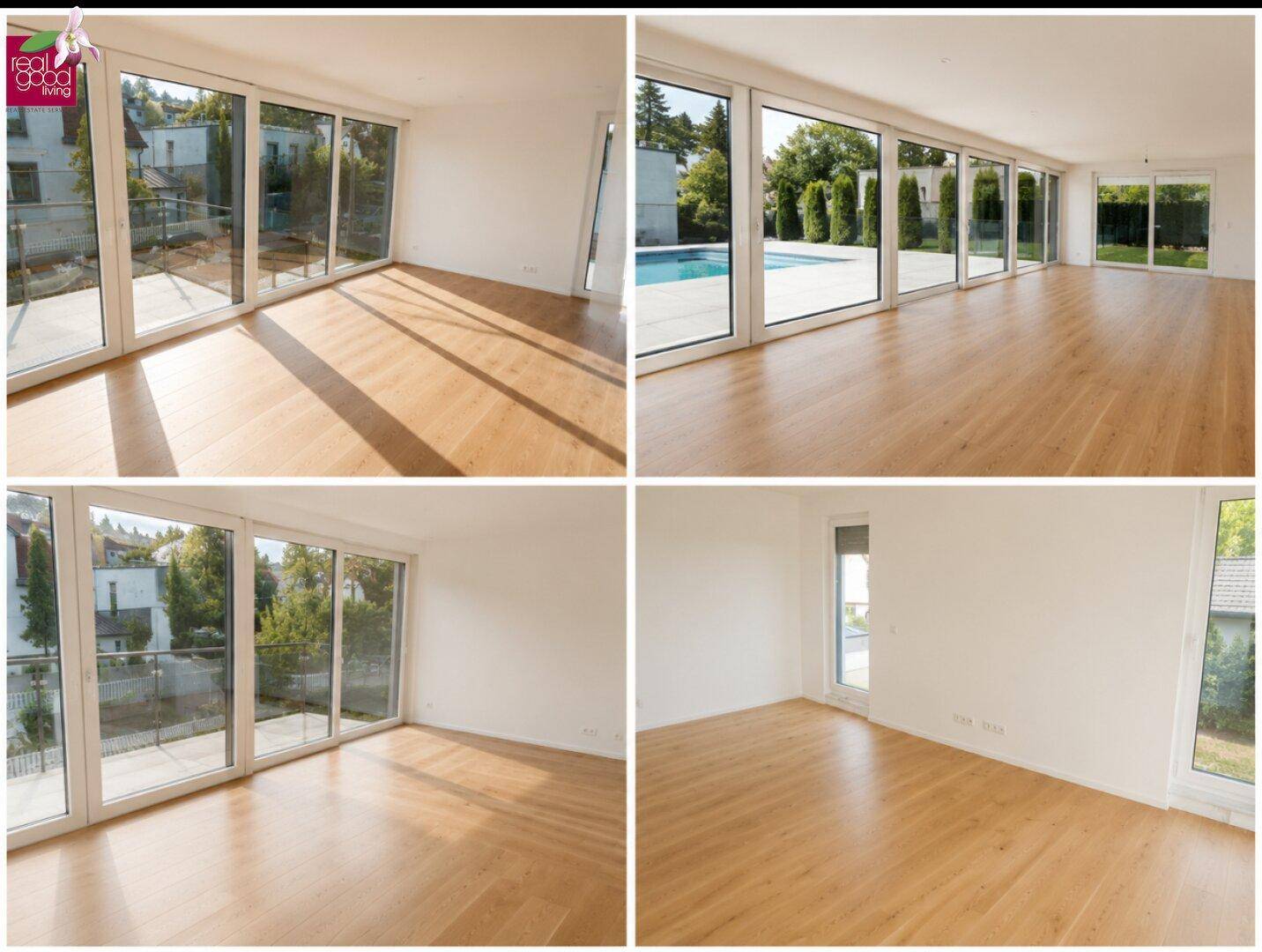 Collage von hellen, leeren Innenräumen mit großen Fensterfronten und Holzböden.
