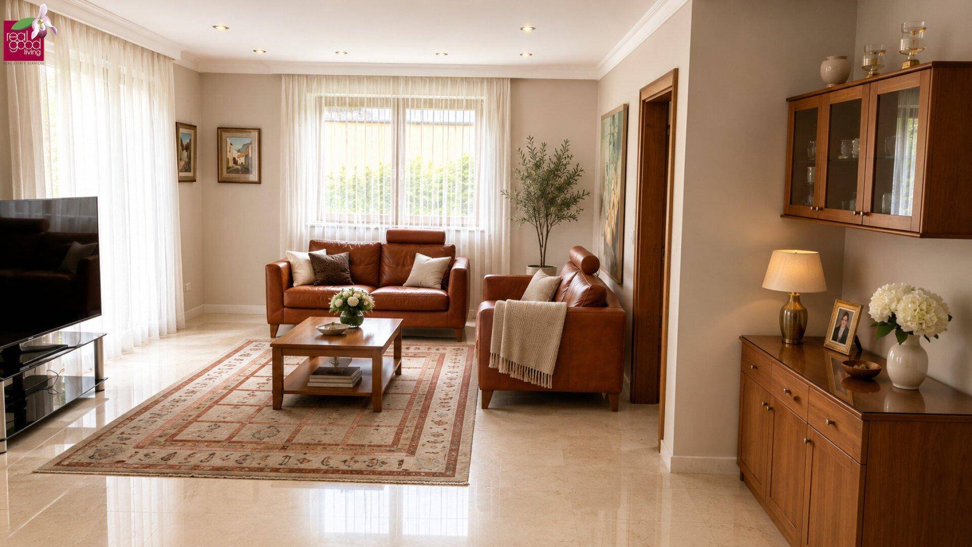 Großzügiges Wohnzimmer mit Ledersofas, hellem Fliesenboden und Blick ins Grüne.