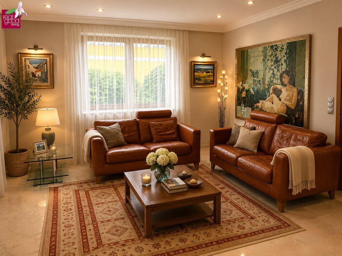 Gemütliches Wohnzimmer mit bequemen Ledersofas, Teppich und viel Tageslicht.