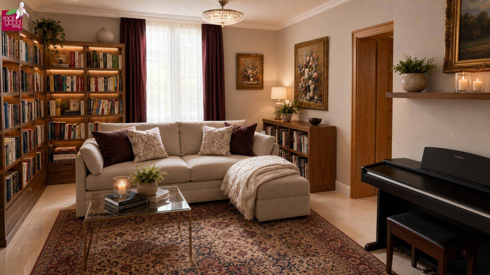 Elegantes Wohnzimmer mit Bücherregalen, beigem Sofa und Klavier für entspannte Stunden.