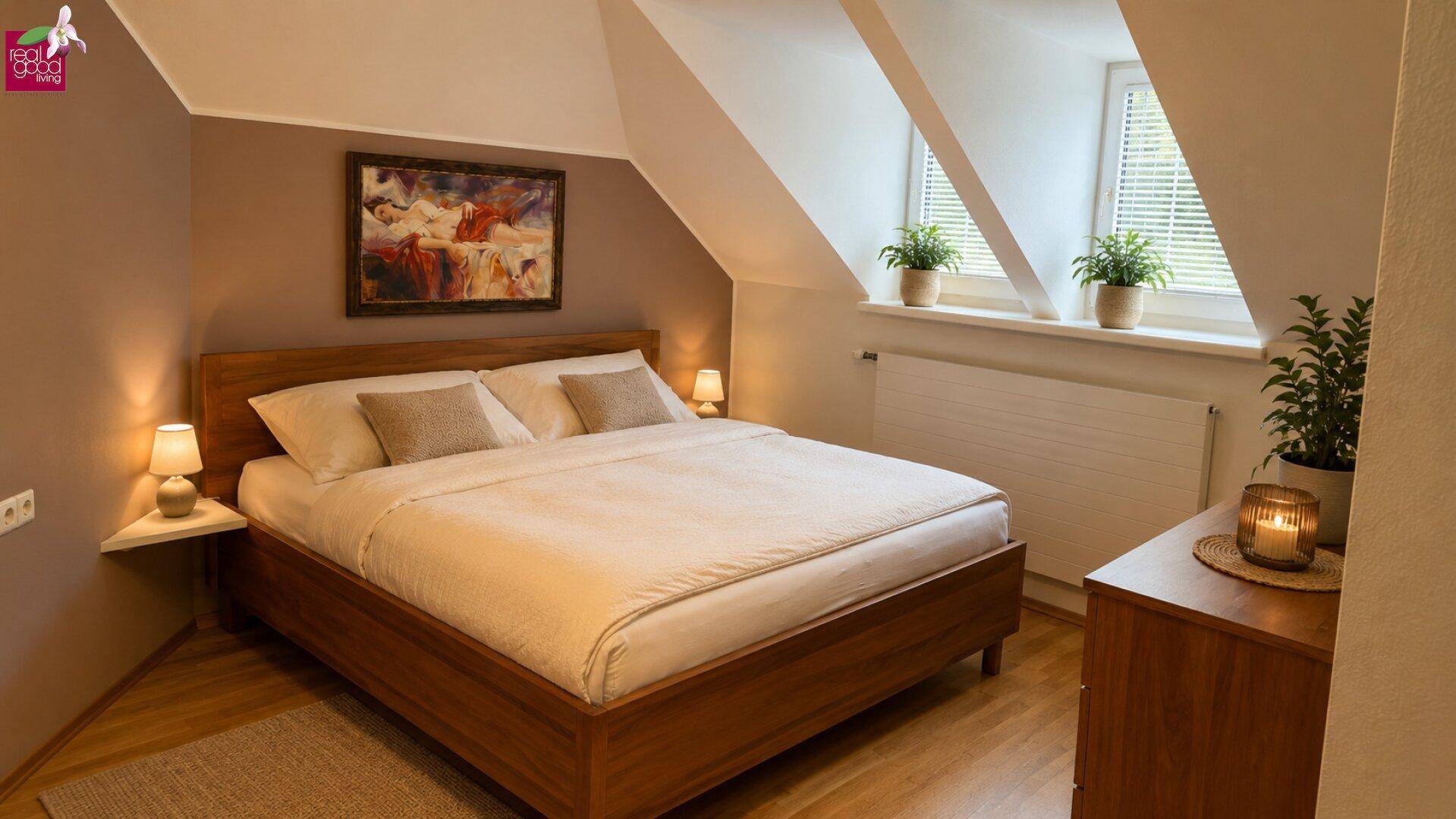 Gemütliches Schlafzimmer im Dachgeschoss mit Holzbett, Dachschrägen und Fenster.