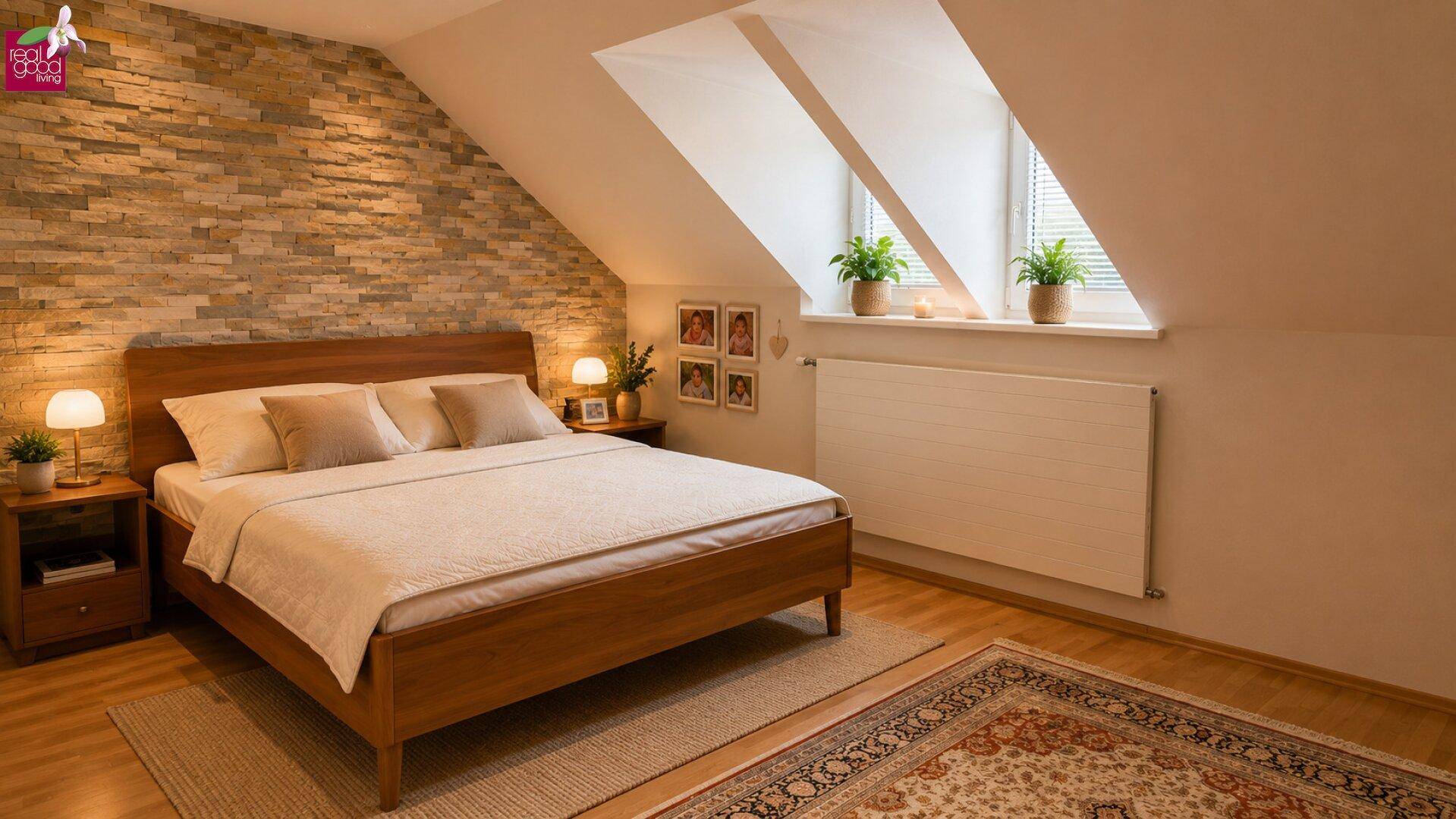 Schlafzimmer mit Holzbett, Steinwandakzent und Dachschrägen für eine gemütliche Atmosphäre.