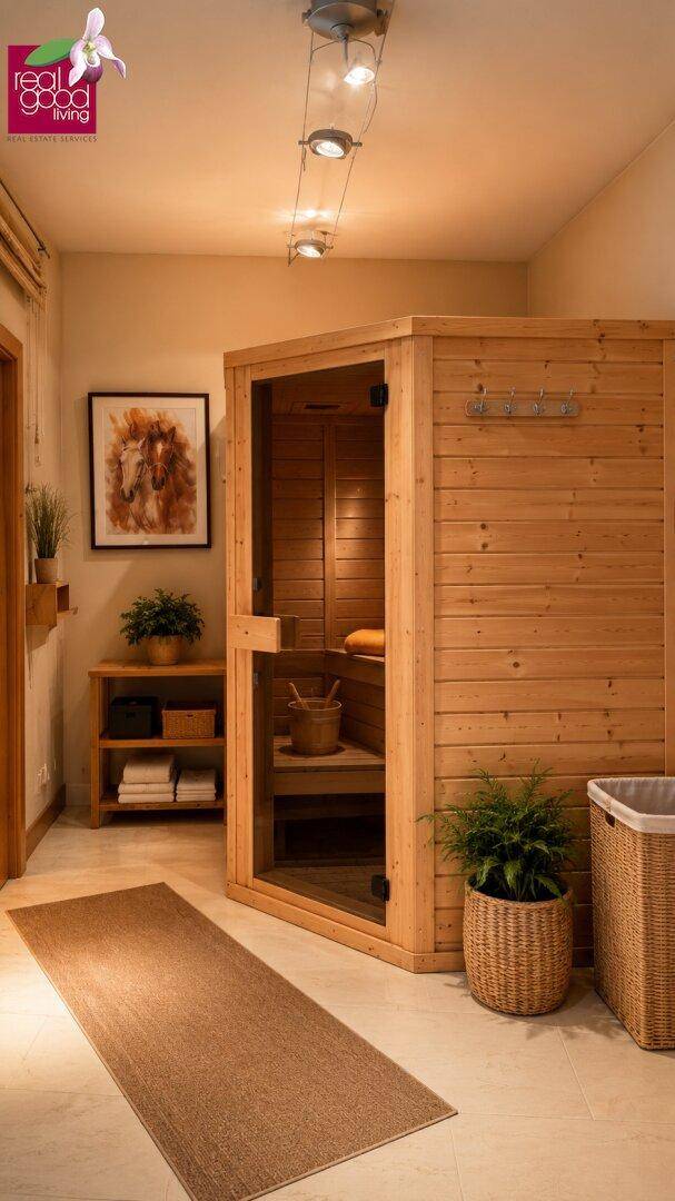 Wellnessbereich mit holzverkleideter Sauna, Fliesenboden und entspannender Atmosphäre.