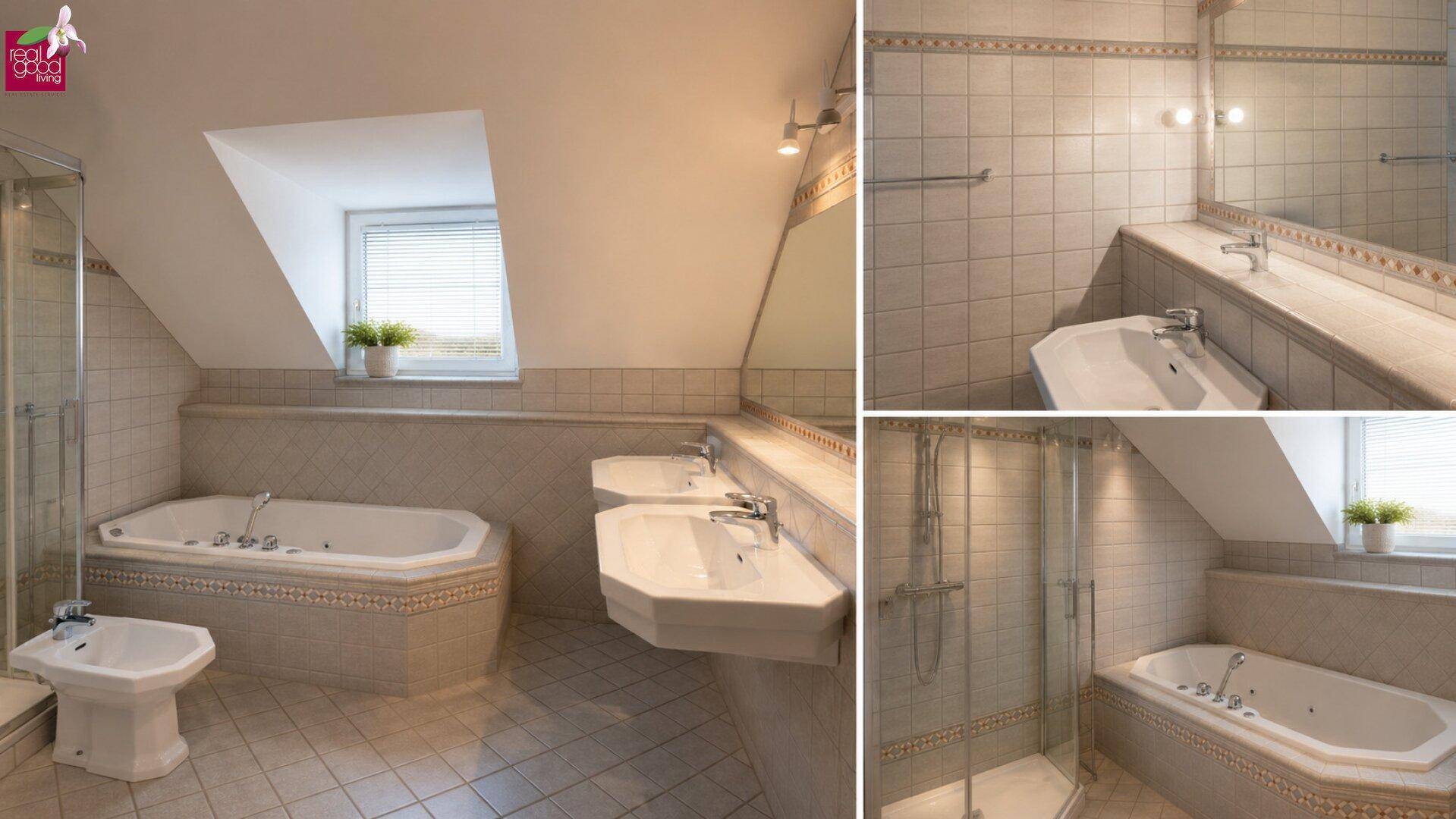 Geräumiges Badezimmer im Dachgeschoss mit Eckbadewanne, Doppelwaschbecken und Dusche.