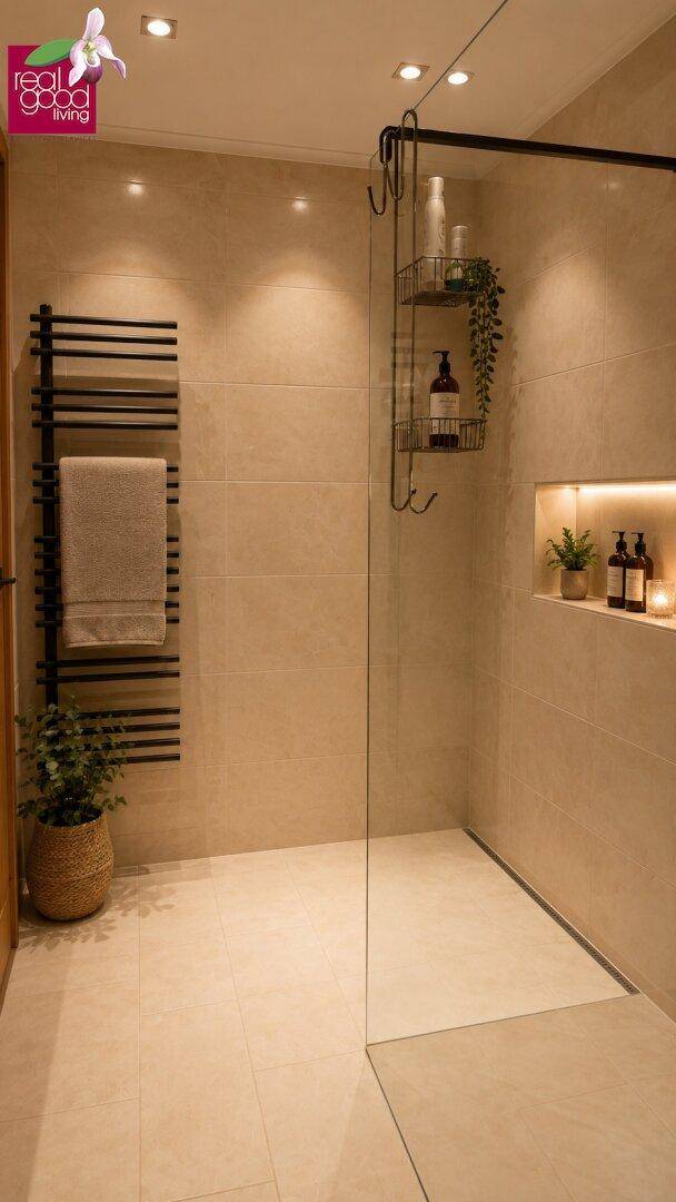 Modernes Badezimmer mit ebenerdiger Dusche, beheiztem Handtuchhalter und Fliesenboden.