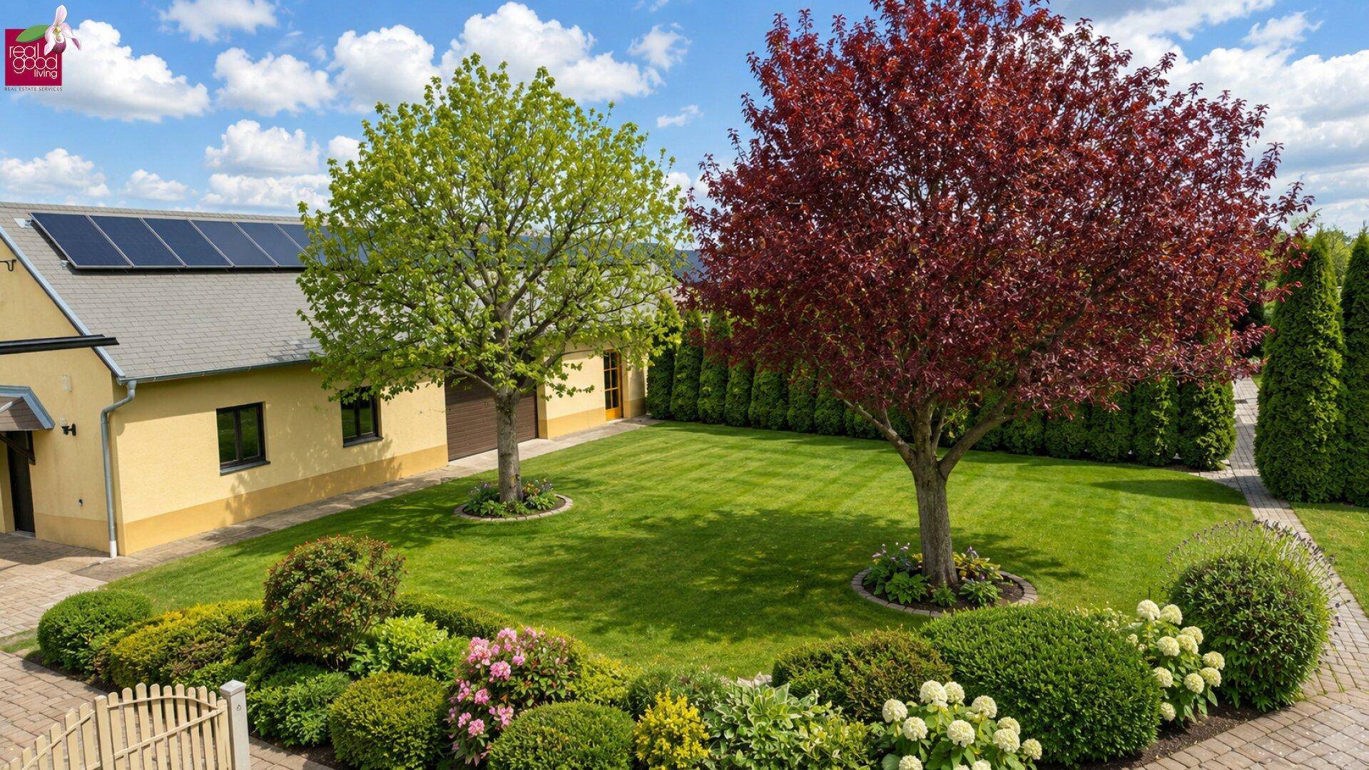 Gepflegter Garten mit Rasenfläche, blühenden Sträuchern und Bäumen.